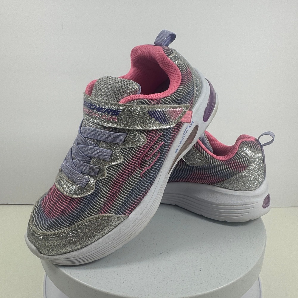 Skechers Skech-Air Kids Silver Pink‎ Purple Glitter Striped Sneakers Shoes 2